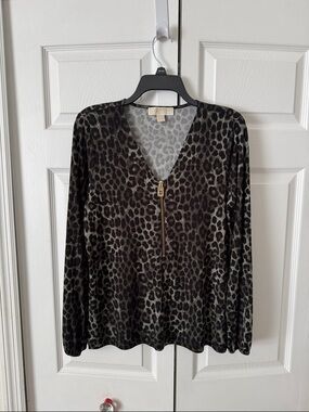 Michael Kors Black and Brown Leopard-Print Zip V-Neck Long Sleeve Top small
